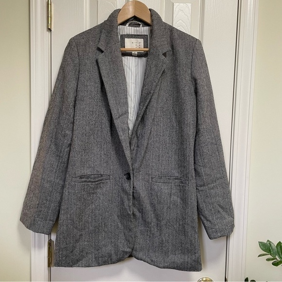 A New Day Women Gray Herringbone Single Breasted One Button Blazer Jacket 8 - Picture 1 of 10